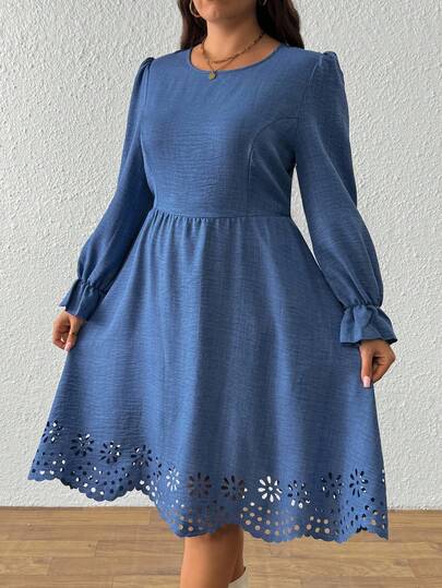 EMERY ROSE Plus Size Women Crew Neck Faux Denim Blue Fabric Waist Cinched Hem Floral Print Long Sleeve Casual Work Dress, Autumn/Winter