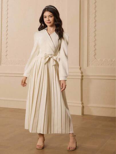 优雅简约时尚优雅衬衫领长袖高腰褶皱长裙，配有同色腰带，适合青少年、返校、毕业、派对、日常通勤、圣诞节、万圣节