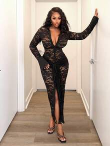 SHEIN BamGlam 女式性感蕾丝透视深V领长袖连衣裙 - 黑色 - 查看 7