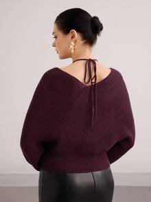 Modelyn 秋冬女士交叉领长袖时尚浆果色毛衣 - Red Plum - 查看 6