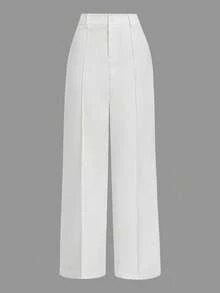 EMERY ROSE Plus Size White Pleated Waist Belt Loop Casual Straight Leg Versatile Business Pants - White - View 1