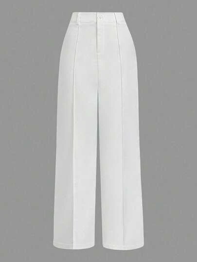 EMERY ROSE Plus Size White Pleated Waist Belt Loop Casual Straight Leg Versatile Business Pants