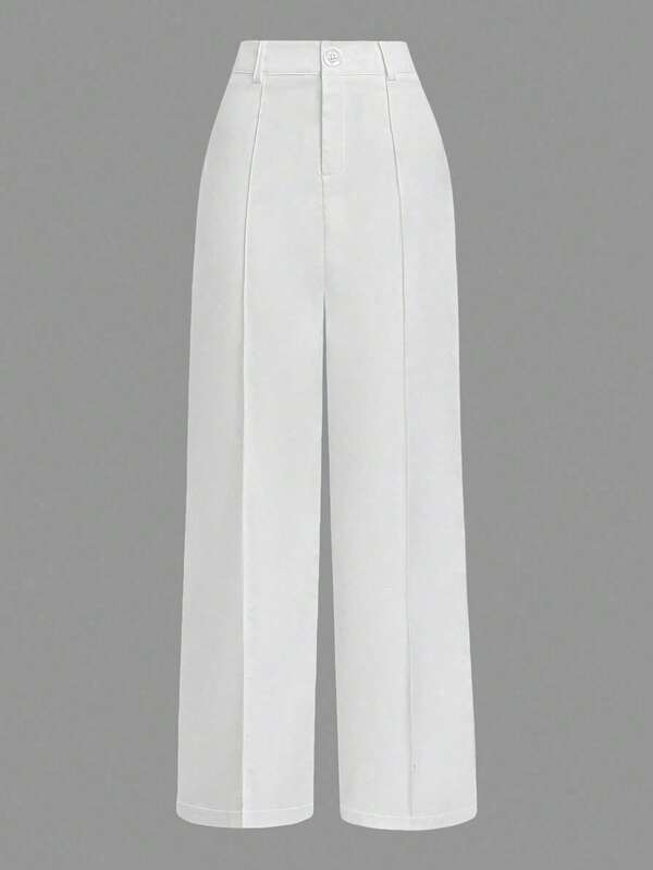 EMERY ROSE Plus Size White Pleated Waist Belt Loop Casual Straight Leg Versatile Business Pants