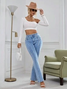 EMERY ROSE Raw Cut Bootcut Leg Jeans - Light Wash - View 4