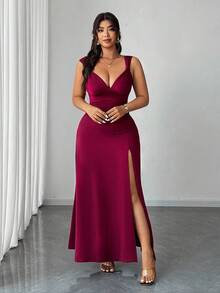 Viva Relle 大码女式纯色扭结V领高开衩高弹力针织派对鸡尾酒百搭时尚设计2025新款连衣裙 - 紅色 - 查看 3