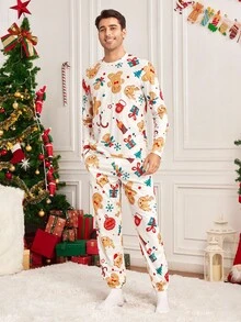 Velminro 男士姜饼印花长袖上衣和裤子睡衣套装，秋季服装，圣诞节 - 紅白色 - 查看 4