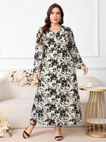Modelyn 加大码优雅花卉印花中长连衣裙，适合通勤 - 杏色 - 查看 6