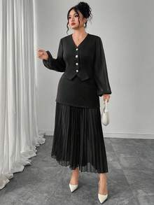 Modelyn 大码女式优雅修身拼接长款上衣和百褶中长裙两件套 - 黑色 - 查看 3