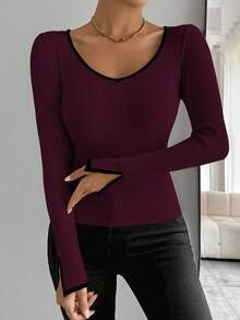 Celisse Black Trim, Slit Cuff, Casual Fitted Women Sweater - Multicolor - View 3