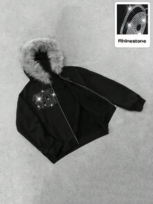 ROMWE MEN Astro Boy X ROMWE Men's Letter Rhinestone Decor Hooded Zipper Long Sleeve Sweatshirt, Suitable For Everyday Wear, Autumn/Winter - Black - View 4