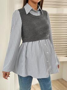 SHEIN Maternity Casual Patchwork Striped Lantern Sleeve Shirt, Autumn