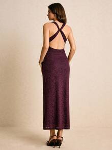 Poéselle 女士时尚通勤提花露背挂脖连衣裙 - 紫色 - 查看 8