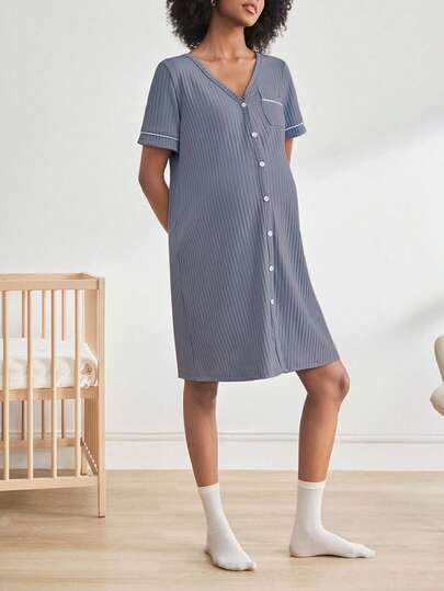 BloomMama Maternity Short Sleeve Ribbed Nursing Nightgown Button, Loungewear Sleepwear Pajama Dress Sleep Shirt view 4