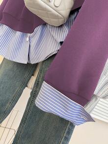 INAWLY Women's Casual Striped Patchwork Slogan Embroidered Sweatshirt, Autumn - Purple - View 6