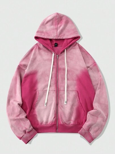 ROMWE MEN Street Life Spring Casual Pink Men'S K-Pop Vintage Washed Zebra Print Zip Up Hoodie Sweatshirt, Autumn/Winter, Long Sleeve Top