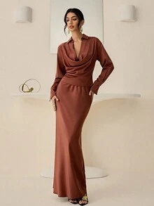 Lyxana 女式纯色方领长袖衬衫和中长裙优雅两件套 - 棕色 - 查看 3