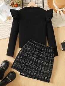 SHEIN 少女优雅盖袖罗纹长袖 T 恤和格子纽扣粗花呢迷你裙套装，圣诞节、节日/家庭日/新年快乐 - 黑與白 - 查看 2