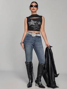 SHEIN PETITE 女式高腰口袋紧身休闲百搭牛仔裤 - 淺色水洗藍 - 查看 3