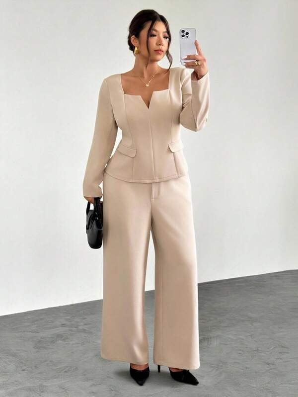 Firerie Plus Size Spring/Autumn Comfortable Casual Elegant Vacation/Office Commute Knowledgeable V-Neck Pocket Long Sleeve Shirt And Straight Leg Pants Set