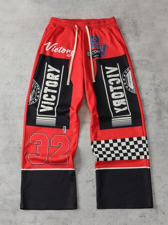 Street Life Pantaloni da uomo con vita regolabile e stampa a lettere e scacchi