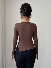 Elenzga Women's Asymmetrical Hollow Out Slim Fit Long Sleeve T-Shirt - Coffee Brown - View 2