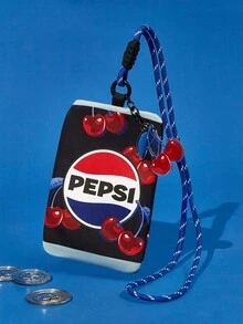 PEPSI X SHEIN 1个零钱包，可装卡、硬币、挂脖，樱桃印花，适合青少年和成人 - 藍色 - 查看 5