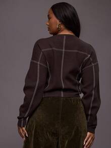 MUSERA Plus Size Contrast Stitch Popper Long Sleeve Cardigan Everyday Casual Cool Girl Streetwear Uncut Evening Party Elegant Spring - Chocolate Brown - View 6