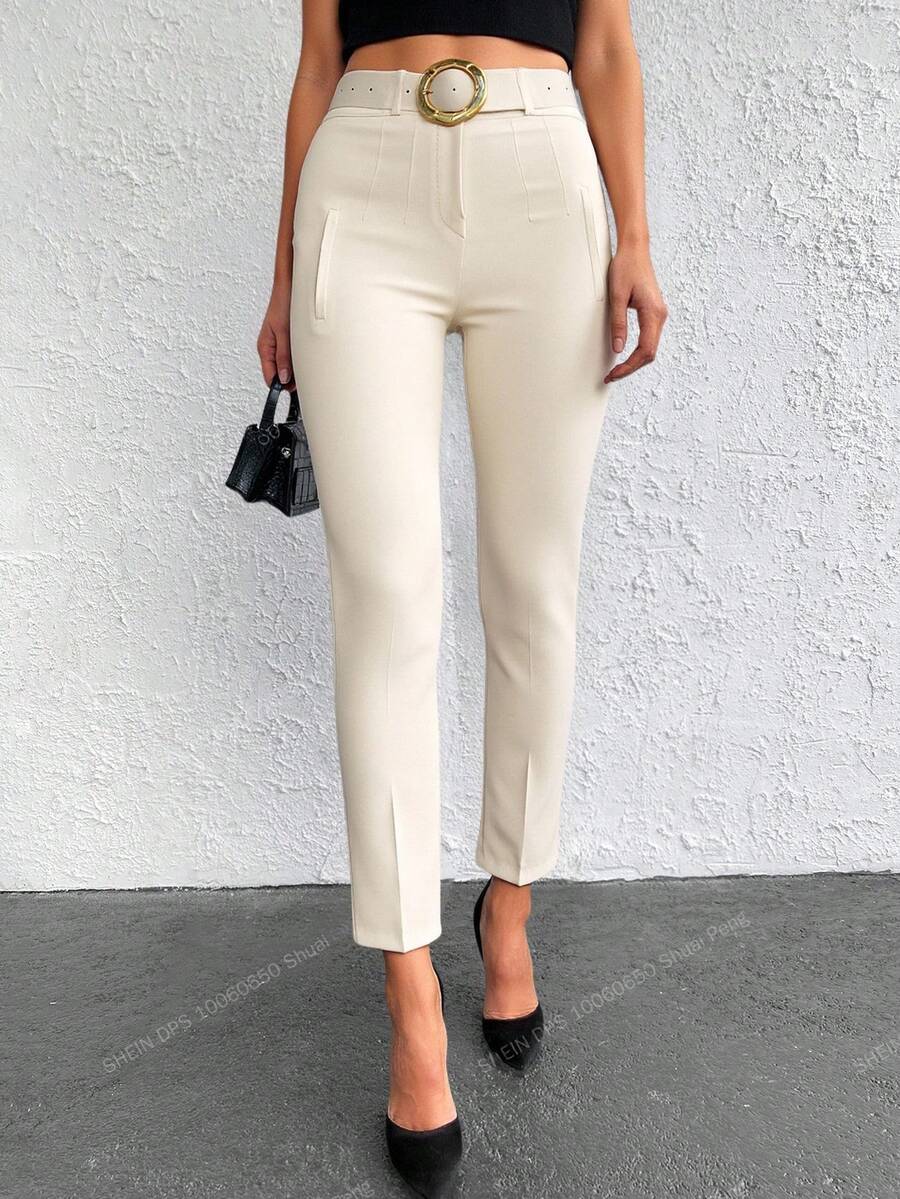 RueChic 實色修身直筒褲,配斜口袋 - 米色 - 查看 1