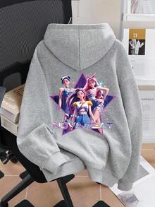 SHEIN Tween Girls' Casual Fashionable Comfortable Minimalist Versatile Creative Funny 3D Star K-POP Cartoon Girl Pattern Fleece Sweatshirt, Autumn/Winter - Grey - View 3