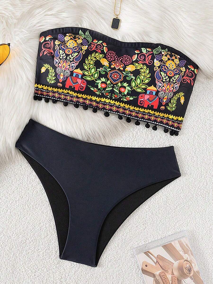 Swim Vcay 女士优雅黑色无肩带抹胸比基尼套装，饰有彩色花卉图案和大象印花，2026 款，饰有绒球流苏，修身显瘦，高衩露臀两件式泳衣，配有弹性抹胸上衣，休闲波西米亚简约时尚缎面质感比基尼，适合夏季度假穿着，假日泳池派对无肩带沙滩装。
