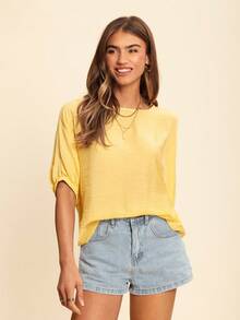 Coeurva Women's Casual Solid Color Shoulder Bat Wing Sleeve Basic 3/4 Sleeve Blouse, Spring & Summer Everyday Wear - Yellow - View 7