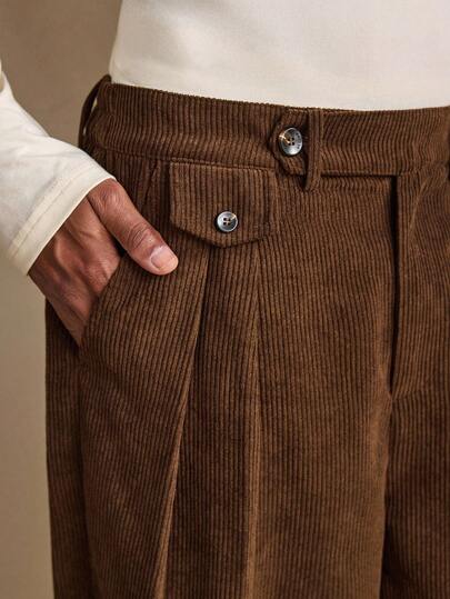 EASEVO Plus Size Men's Solid Brown Suit Pants, Comfortable, Versatile For Business, Gatherings, Commute, Travel Corduroy Trousers Men Pleated Trousers Men