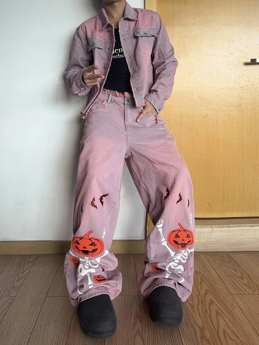 Manfinity Roghcode Men Button Up Denim Top & Pumpkin Print Jeans Co-Ords For Halloween, Fall Clothes