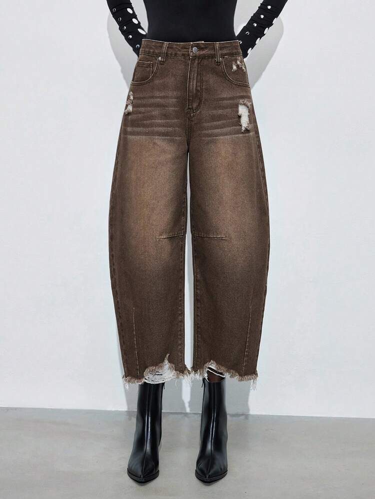SHEIN Maija Women's High Waist Pockets Distressed Loose Tapered Jeans, Casual Urban Commute Business Wear, Office, Party, Autumn/Winter