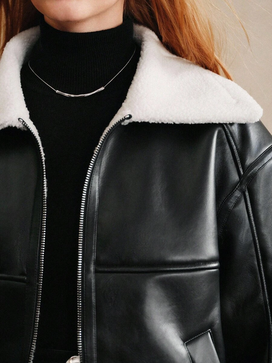 Arave Women's Fur And Leather One-Piece Fit Version Contrast Color Lapel Slant Pocket Design Daily Commuting Casual Regular Jacket Autumn Clothing Fall Clothes For Women Winter Clothes Zip-Up Women's Winter Jacket Brown Jacket Women Outerwear Women