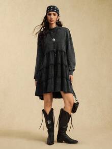 SHEIN EZwear Đầm dài tay dài tay bồng, cổ cao, vai rớt, dáng suông, màu trơn dành cho nữ, kiểu dáng thường ngày. - màu đen - Xem 7