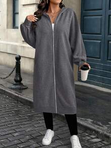 EMERY ROSE 秋季大码女式字母印花落肩长袖拉链长款休闲连帽外套 - 灰色 - 查看 5