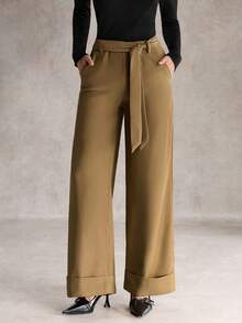 SHEIN Unity 优雅休闲度假卡其色高腰直筒裤，秋冬女士 - 卡其色 - 查看 1