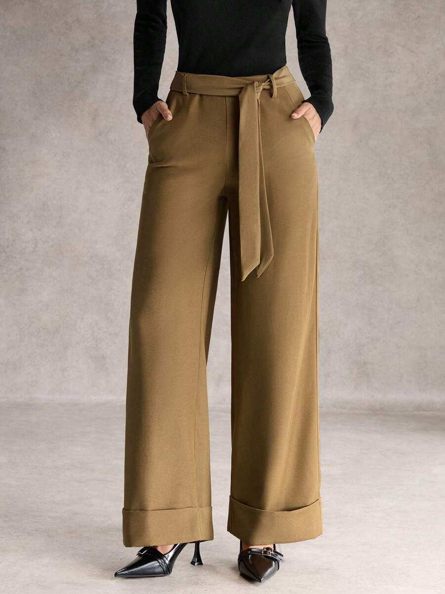 SHEIN Unity 优雅休闲度假卡其色高腰直筒裤，秋冬女士 - 卡其色 - 查看 1