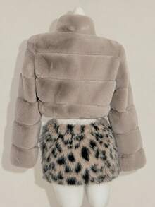 SHEIN ICON 女式宽松卡其色条纹仿皮草大衣，秋冬 - 卡其色 - 查看 2