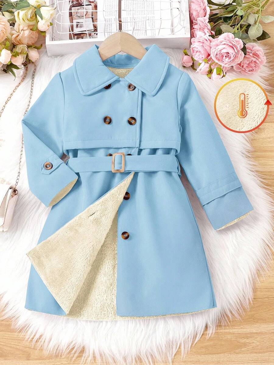 Sparklyn 女童简约双排扣中长款风衣，配腰带，春秋季时尚外套 - 淺藍色 - 查看 1