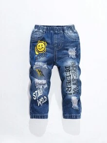 Baby Boys Street Fashion Ripped Distressed Stonewashed Straight Leg Jeans With Elastic Waist And Smiling Face English Print - Medium Wash - View 4
