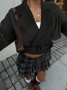 Muchica 秋冬女士休闲黑色长袖双排扣系带风衣 - 黑色 - 查看 3