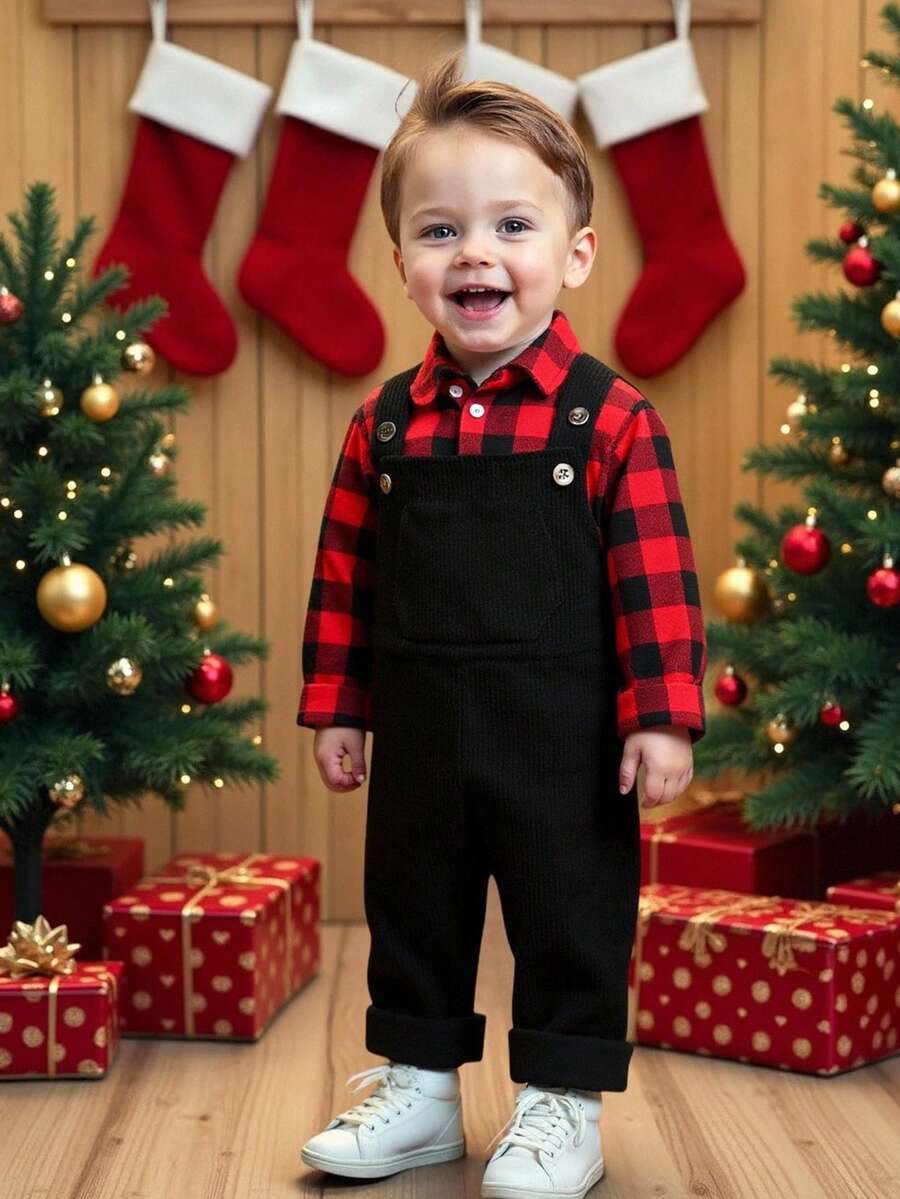 SHEIN 2 件套男婴格子领衬衫和黑色灯芯绒背带裤套装，柔软舒适的百搭服装，适合秋冬季居家和外出