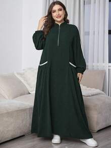 Al Najma Plus Size Casual Large Pocket Zipper Comfortable Loose Black Long Dress Maxi Women Outfit - Dark Green - View 1
