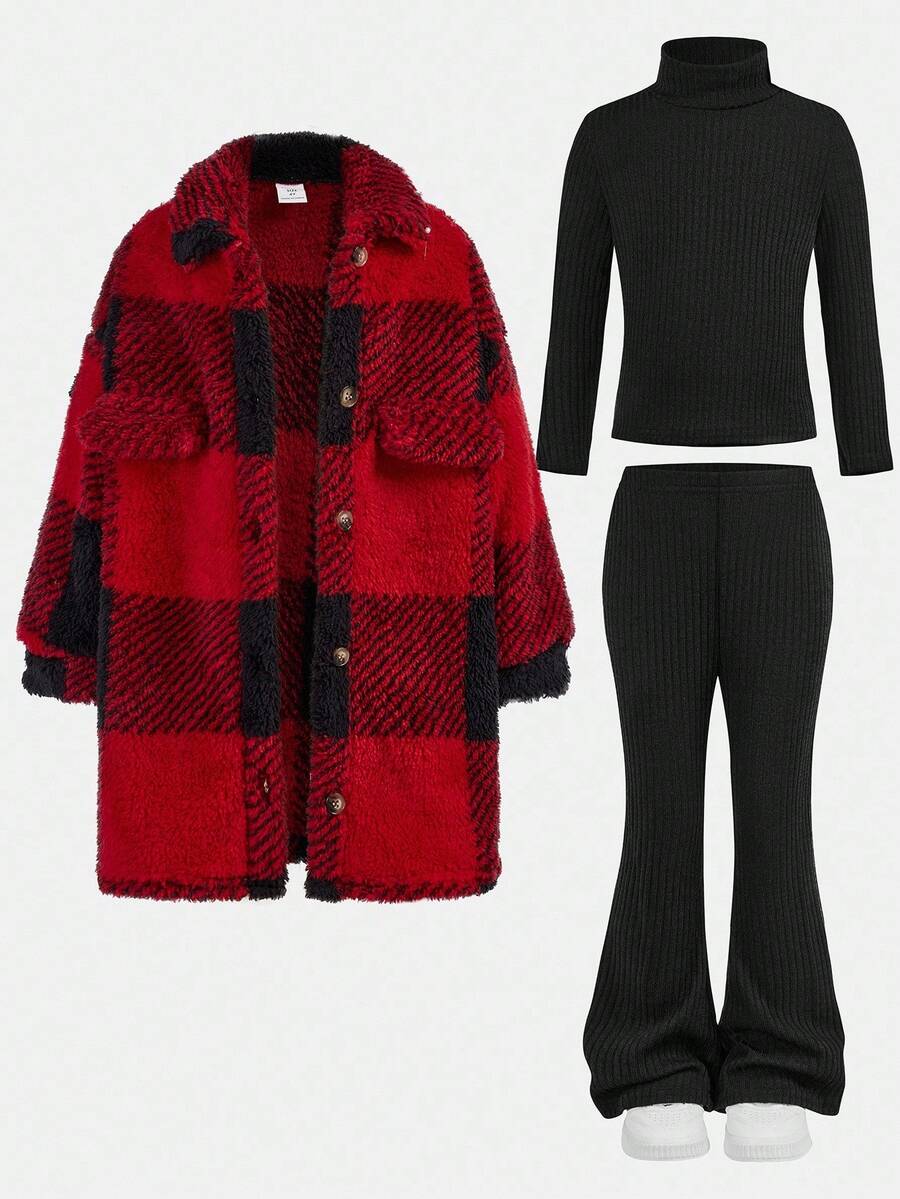 SHEIN Conjunto de 3 piezas para niñas: Chaqueta de manga larga a cuadros, Blusa de cuello alto de manga larga sólida y Pantalones acampanados sólidos, adecuado para Navidad - Burdeos - Ver 1