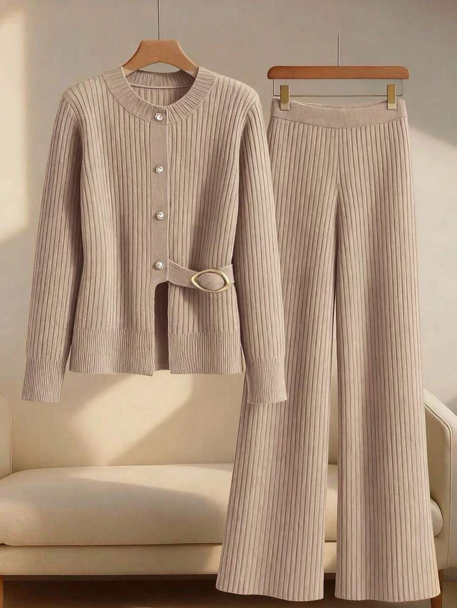 GlowEve 2pcs Women Elegant Fitted Cardigan Sweater & Pants Set, Autumn/Winter - Mocha Brown - View 1