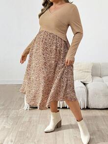 SHEIN Vestido plus size para maternidade, casual, estampa floral, gola sobreposta, cintura ajustável, primavera/outono - Damasco - Ver 4