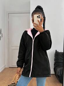 SHEIN Chaqueta cortavientos con capucha informal para niñas preadolescentes, ropa de abrigo forrada térmicamente de longitud media, para otoño/invierno - Multicolor - Ver 4