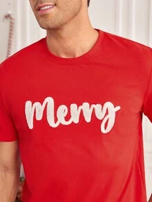 Manfinity RelaxMax Men's Christmas Letter Embroidery Short Sleeve T-Shirt - Red - View 6